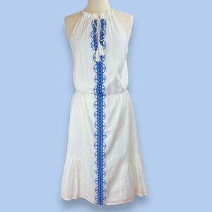 Parker Atlas Boho Midi Dress White with Blue Embroidery Drawstring Neck SM